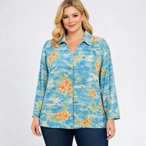 Tianello Suzy Blouse Blue Tropical Hawaiian Floral Button Front Size 3X